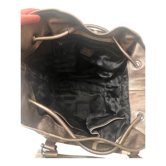 BURBERRY Metallic/Grey House Check Shimmer Fabric/ Leather Drawstring Buckle Bag - Picture 5 of 7